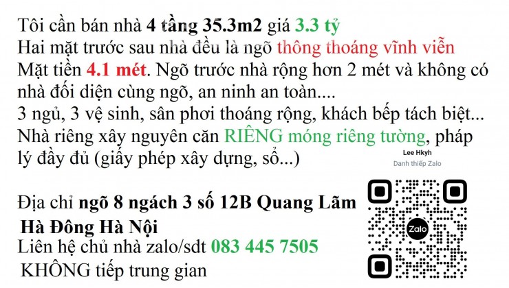 Tôi cần bán nhà 4 tầng 35.3m2 giá 3.3 tỷ tại Phú Lãm, Hà Đông